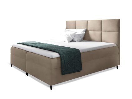 LEILA ágyneműtartós kárpitozott boxspring ágy matraccal - bézs